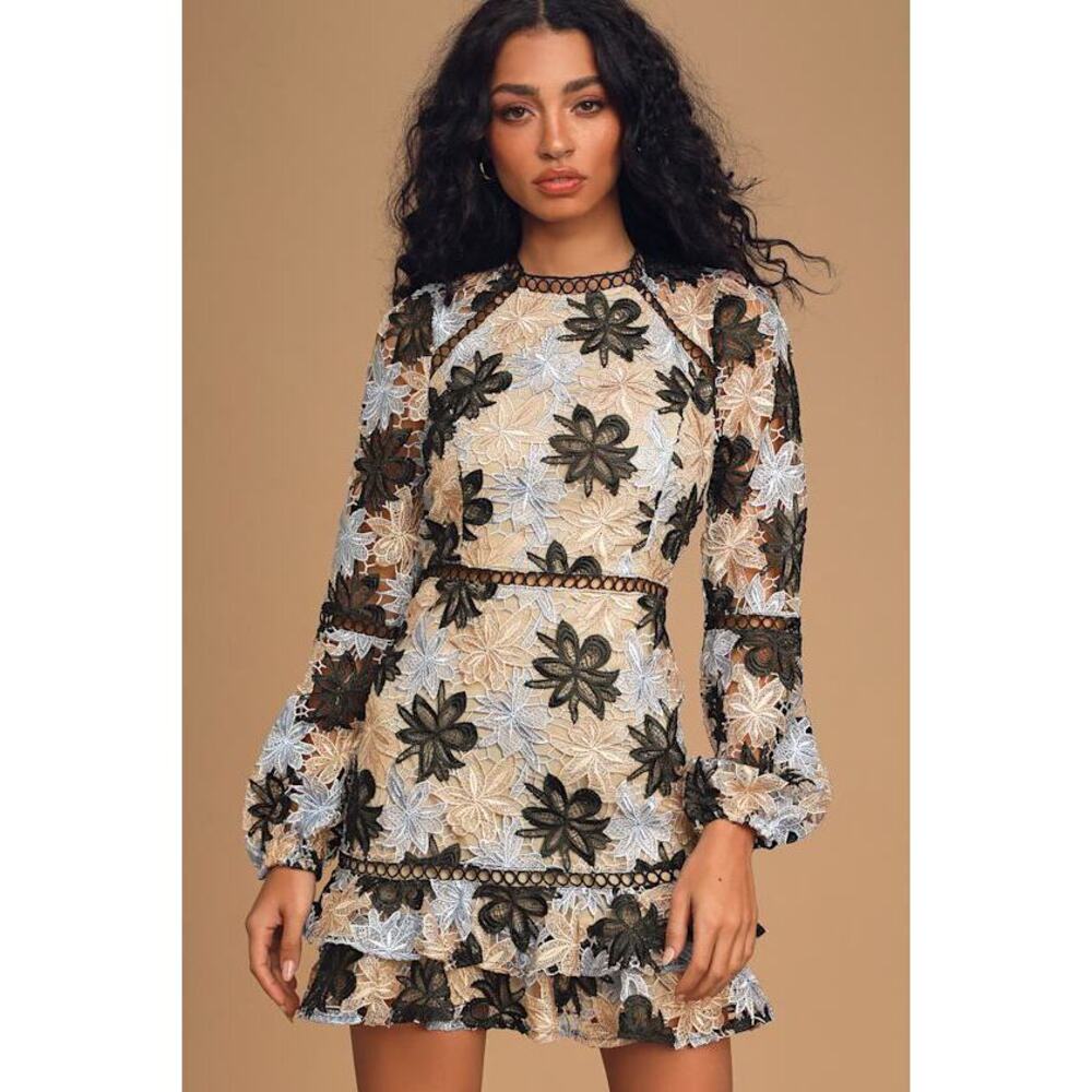 Lulus Come To The Party Cream Floral Crochet Lace Ruffled Mini Dress Beige